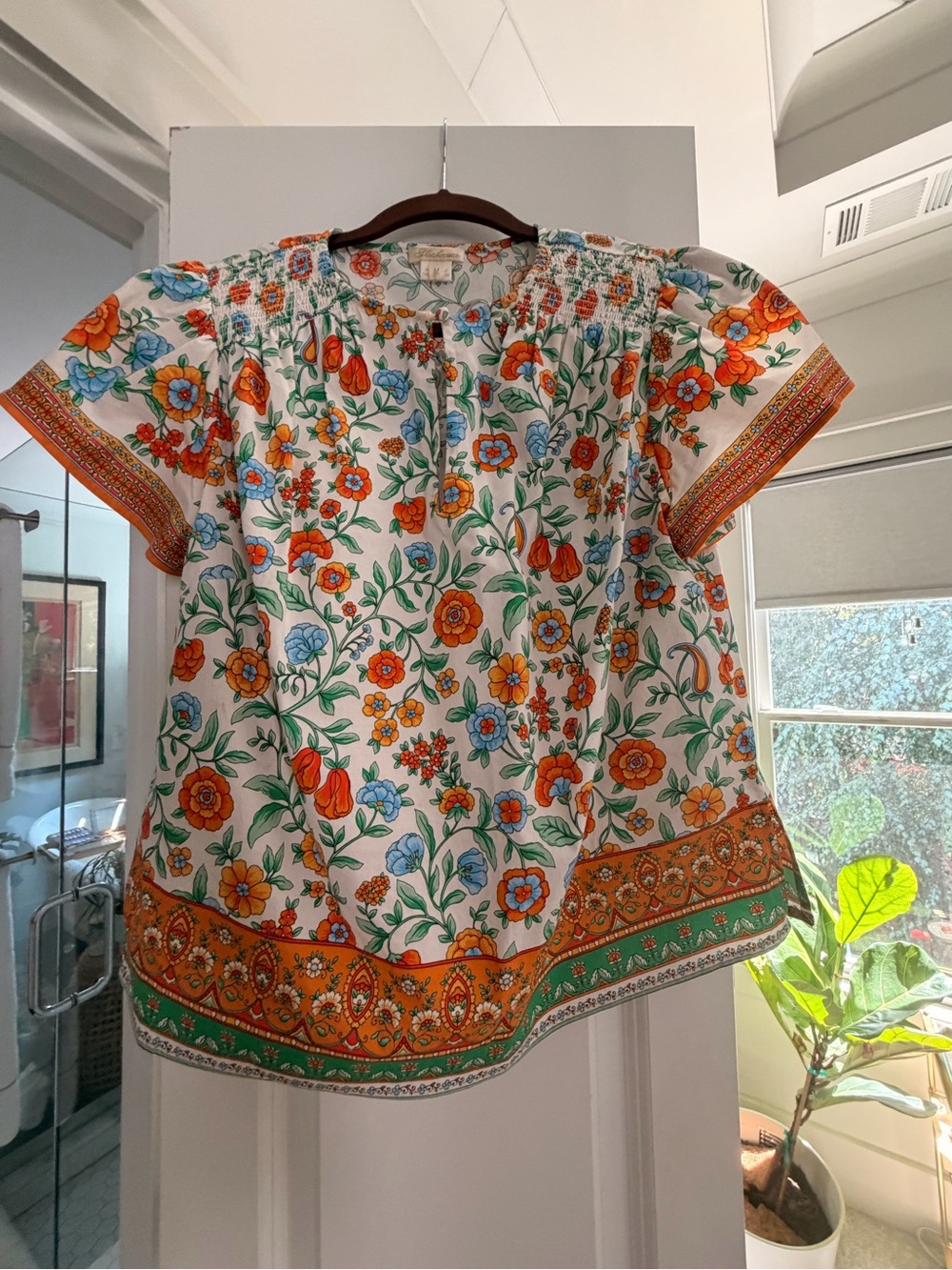 Shoshanna Paz White Floral Border Smocked Short Sleeve Top